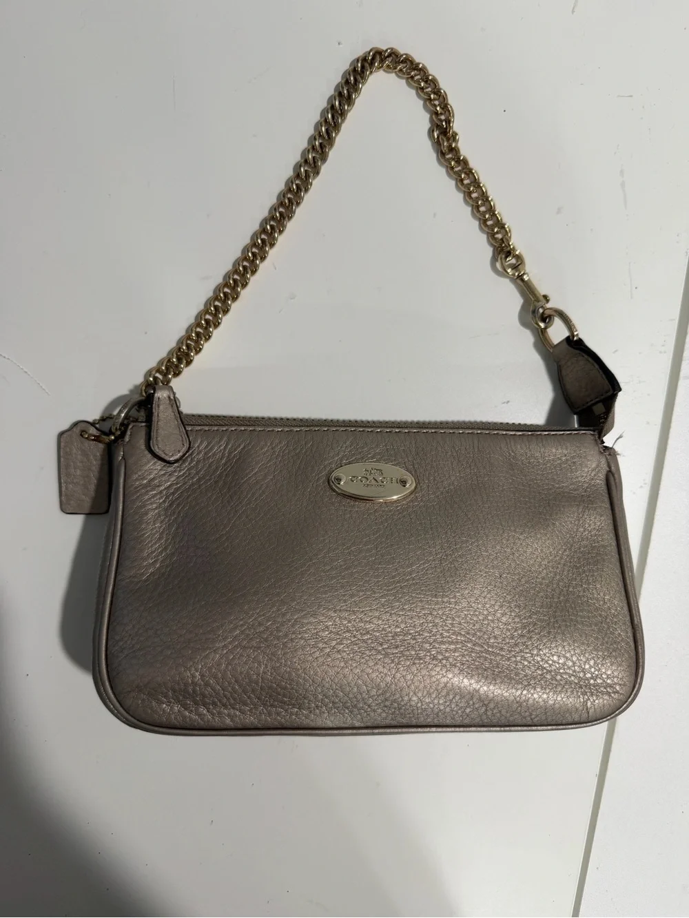Coach Metallic Taupe Pebbled Leather Chain Wristlet